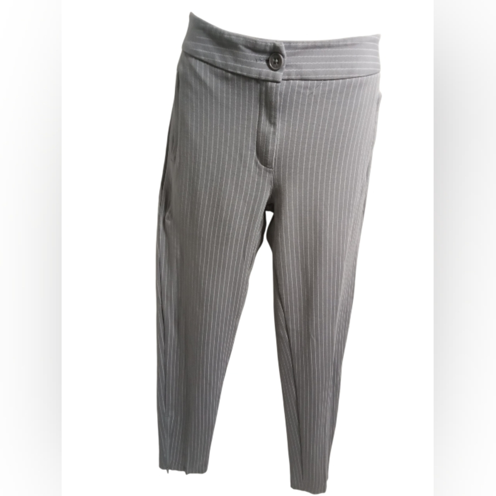 Betabrand Gray Classic Pinstripe Stretch Zip Ankle Hem Pants Pocket Work Pants M